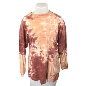 Free People Be Free Brown Tan Tie Dye Long Sleeve Crew Neck Tee T shirt Top XL